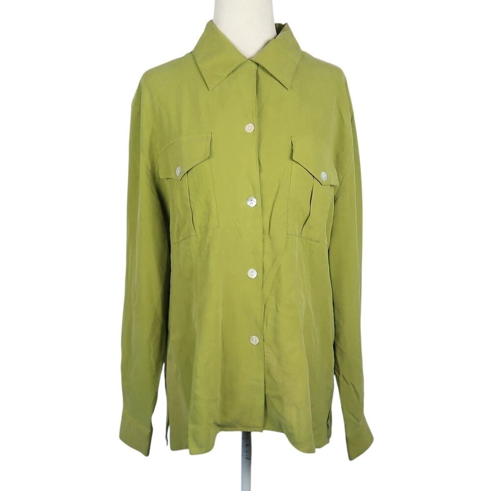 Vintage 90s Riva Silk Chartreuse Green Silk Button Down Blouse Top L